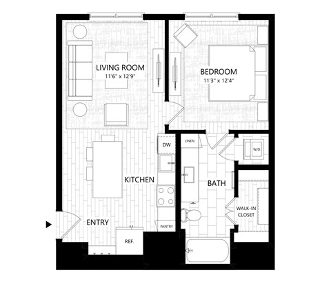 Floor plan for 1 bed, 1 bath, 698 sqft